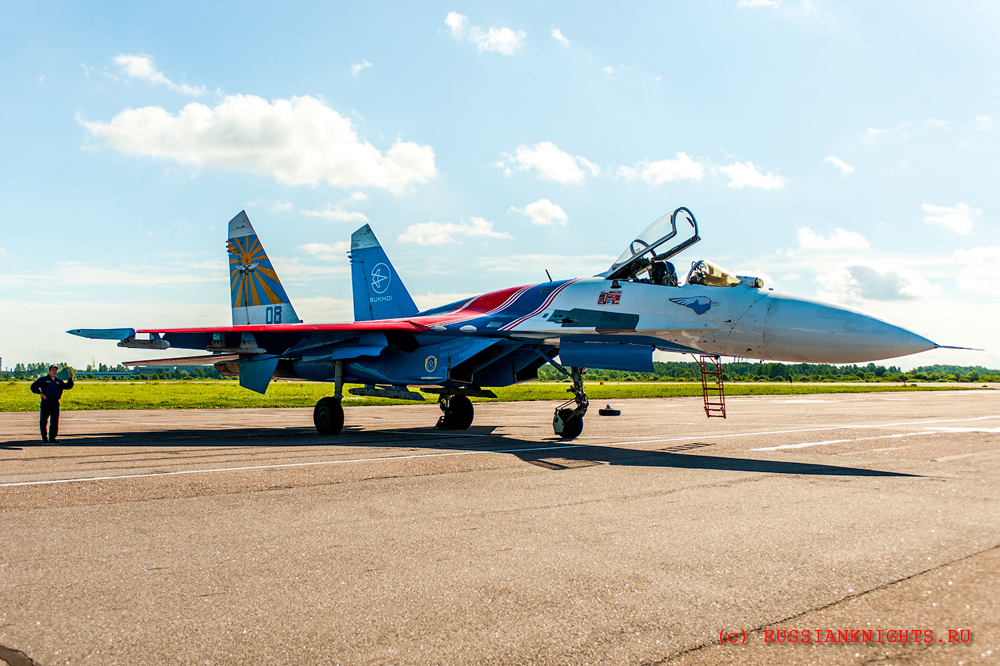 A Sukhoi Su-27 Flanker of the Russian Knights aerobatic team Solid-Faced  Canvas Print